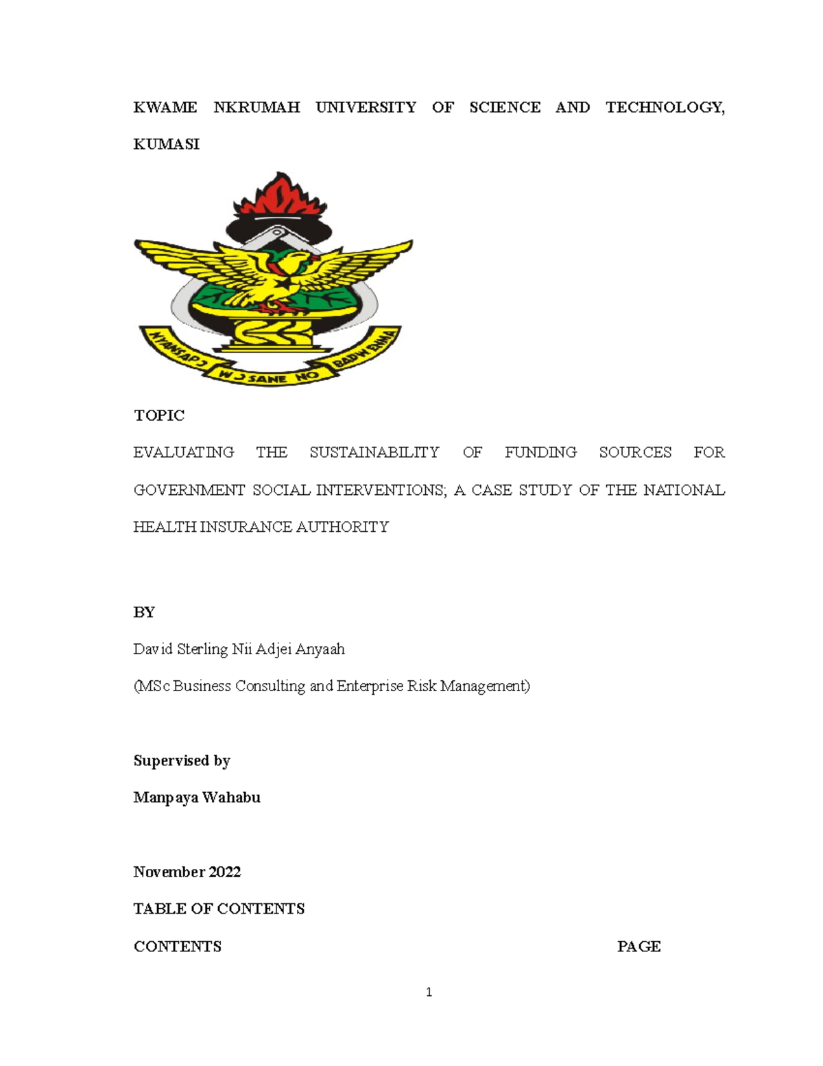 NHIS Chapter ONE - for project summary - KWAME NKRUMAH UNIVERSITY OF ...