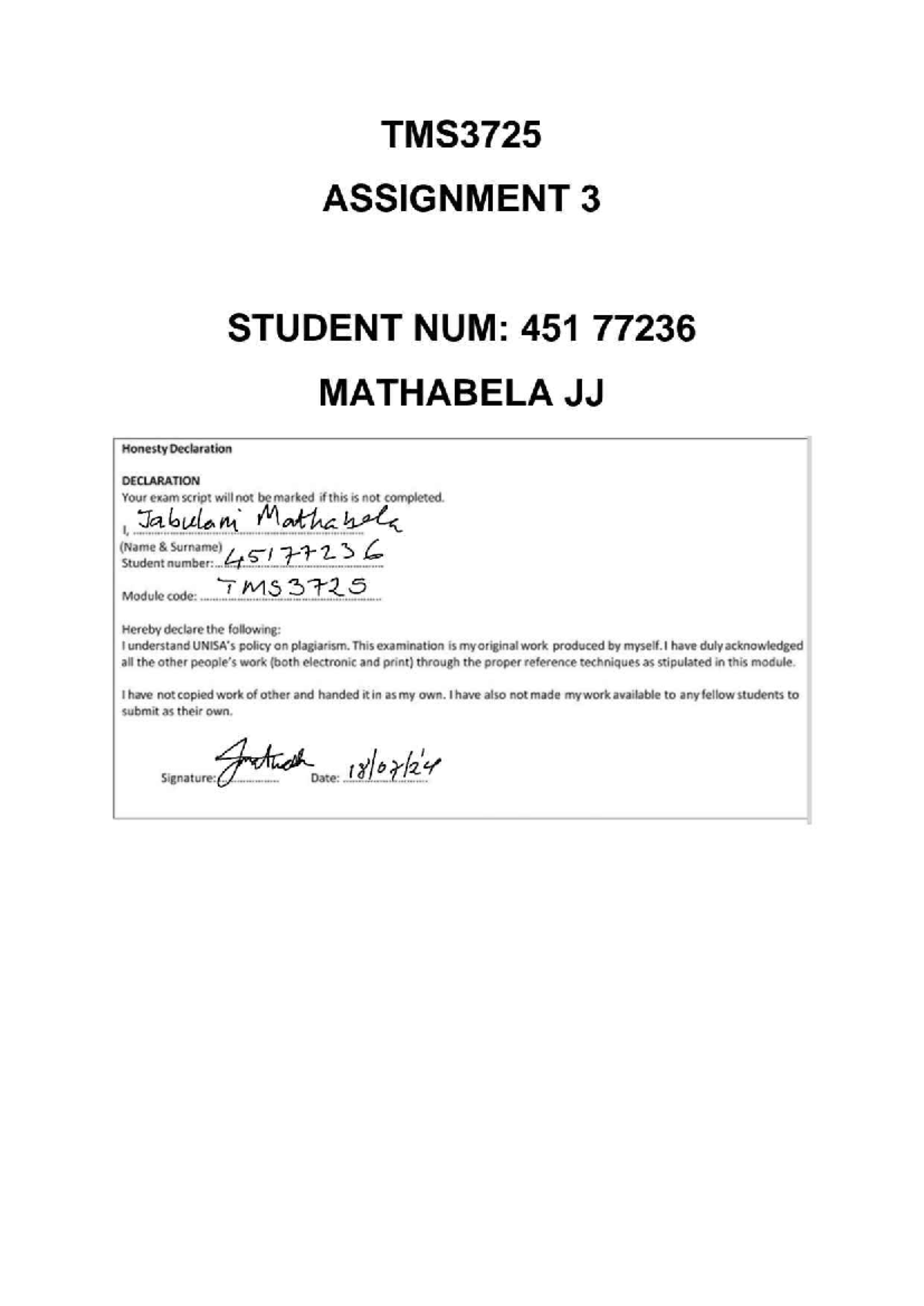 TMS3725 Assign 33 Mjjmat 45177236 - TMS3725 ASSIGNMENT 3 STUDENT NUM ...