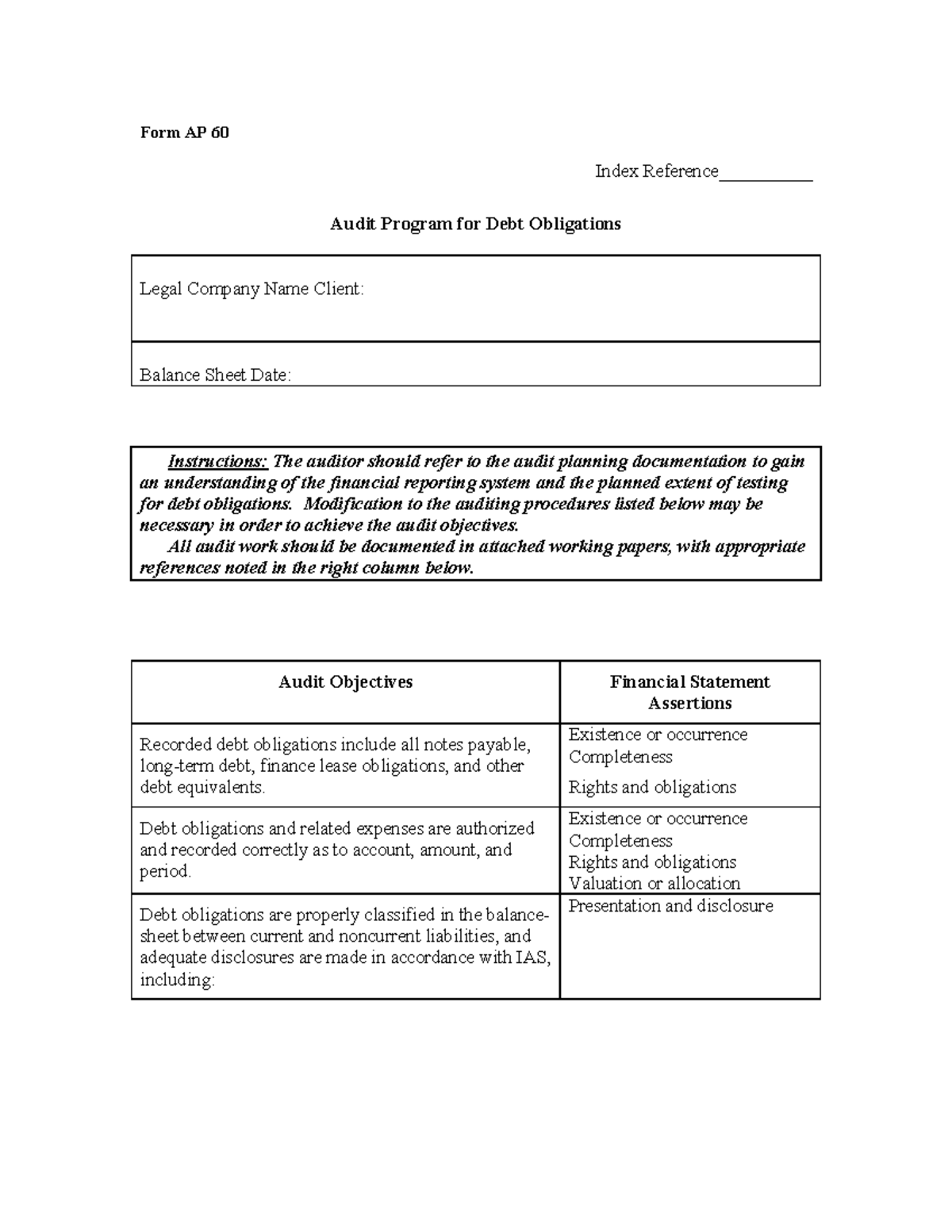 Audit Program for Debt Obligations - Form AP 60 Index Reference ...