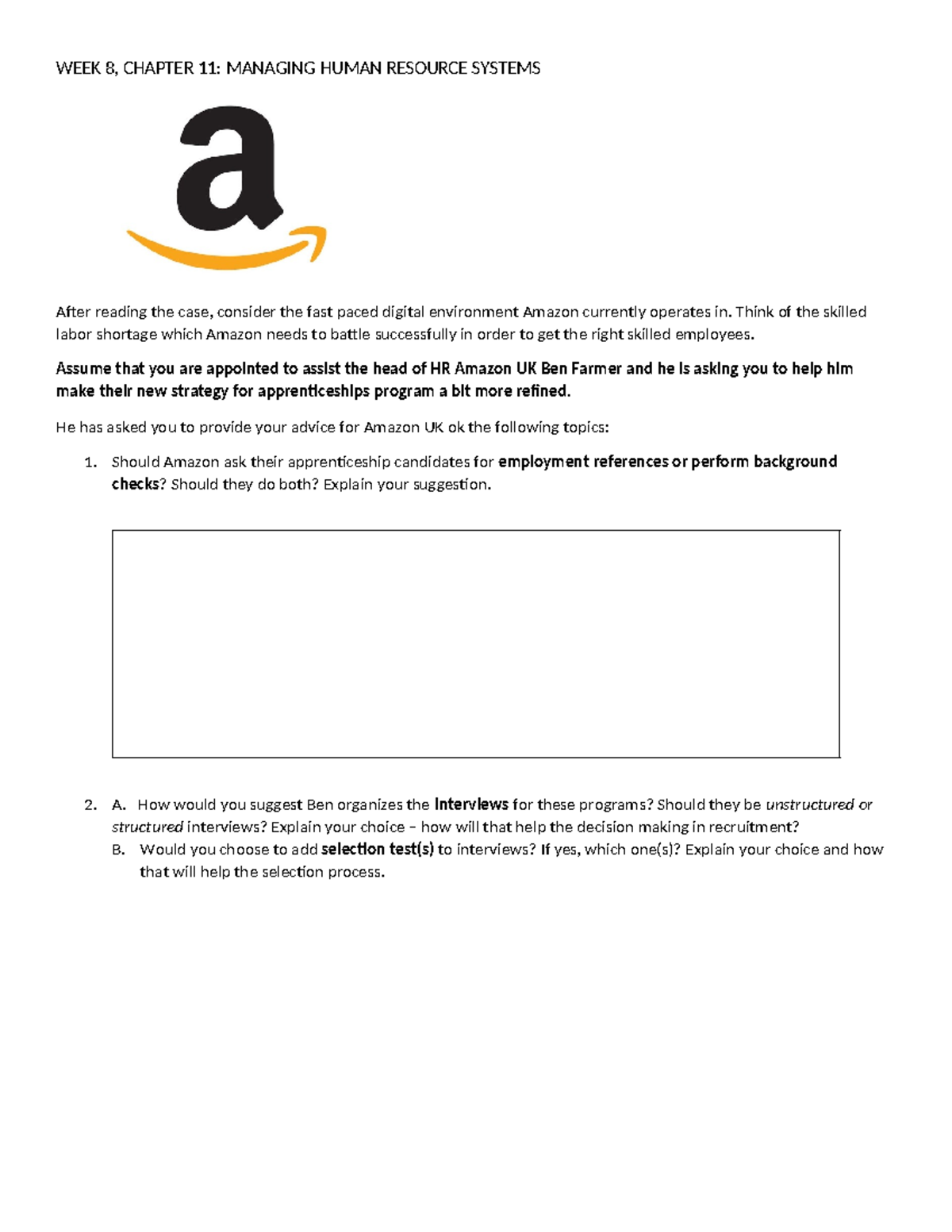 Amazon case study questions handout WEEK 8, CHAPTER 11 MANAGING