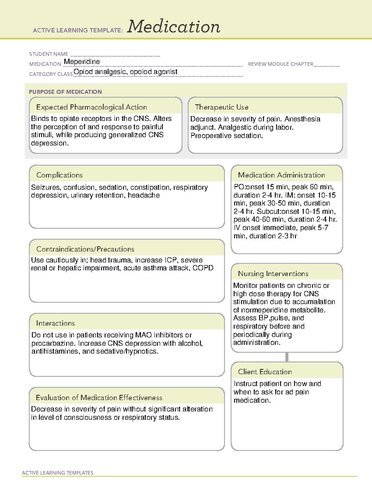 Meperidine med card - med card - ACTIVE LEARNING TEMPLATES Medication ...