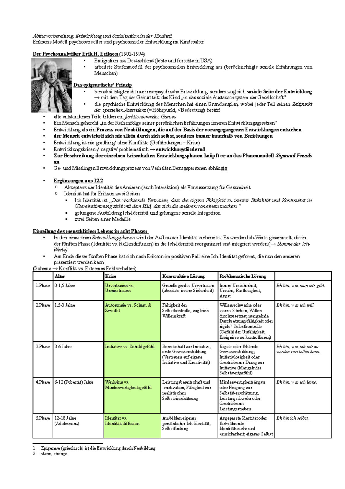 Erikson 1 - Abiturvorbereitung, Entwicklung Und Sozialisation In Der ...