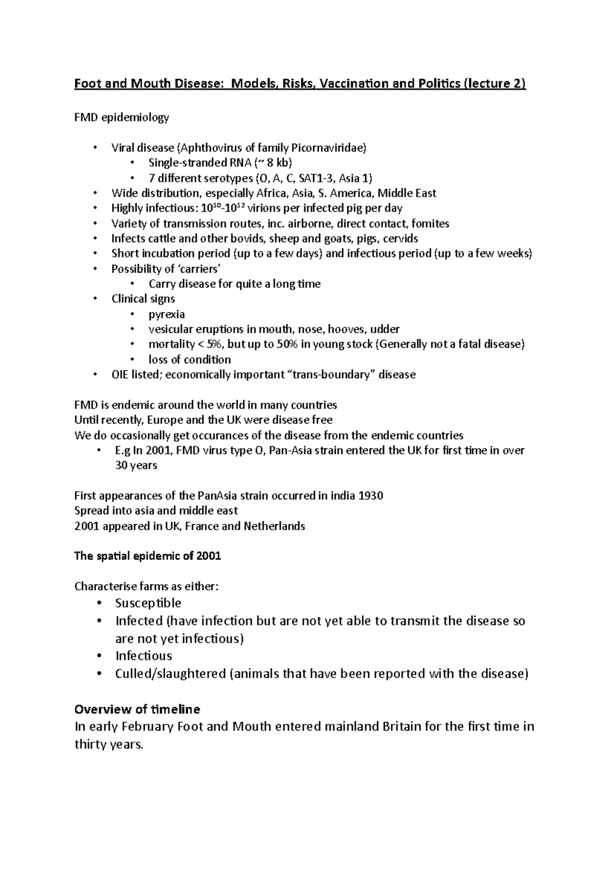 foot and mouth disease Foot and Mouth Disease Models, Risks