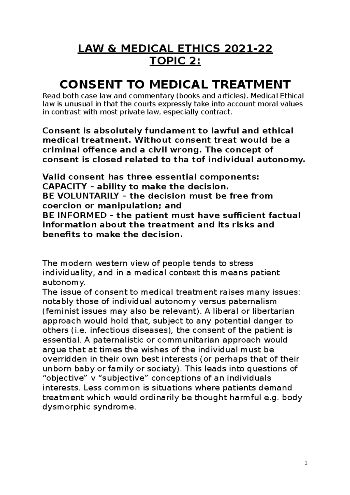LME Seminar 2 topic LAW & MEDICAL ETHICS 2021 TOPIC 2 CONSENT TO