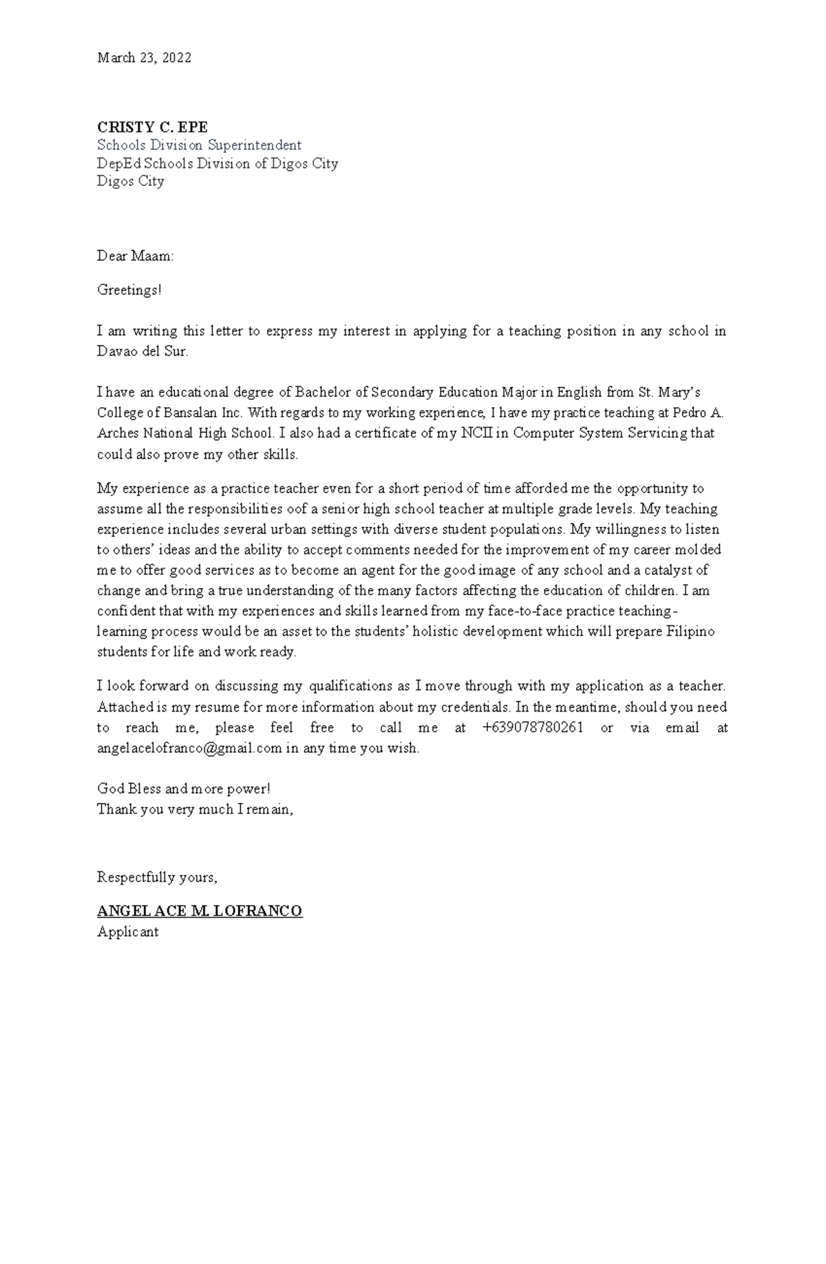 Application letter used to apply Job in Public School. - March 23, 2022 ...