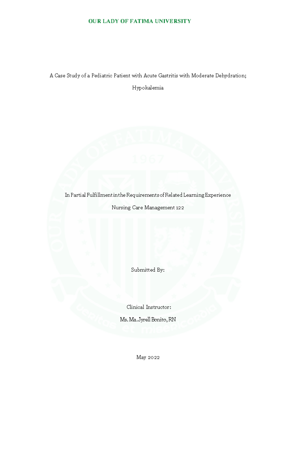 CaseStudyTemplate lecture A Case Study of a Pediatric Patient