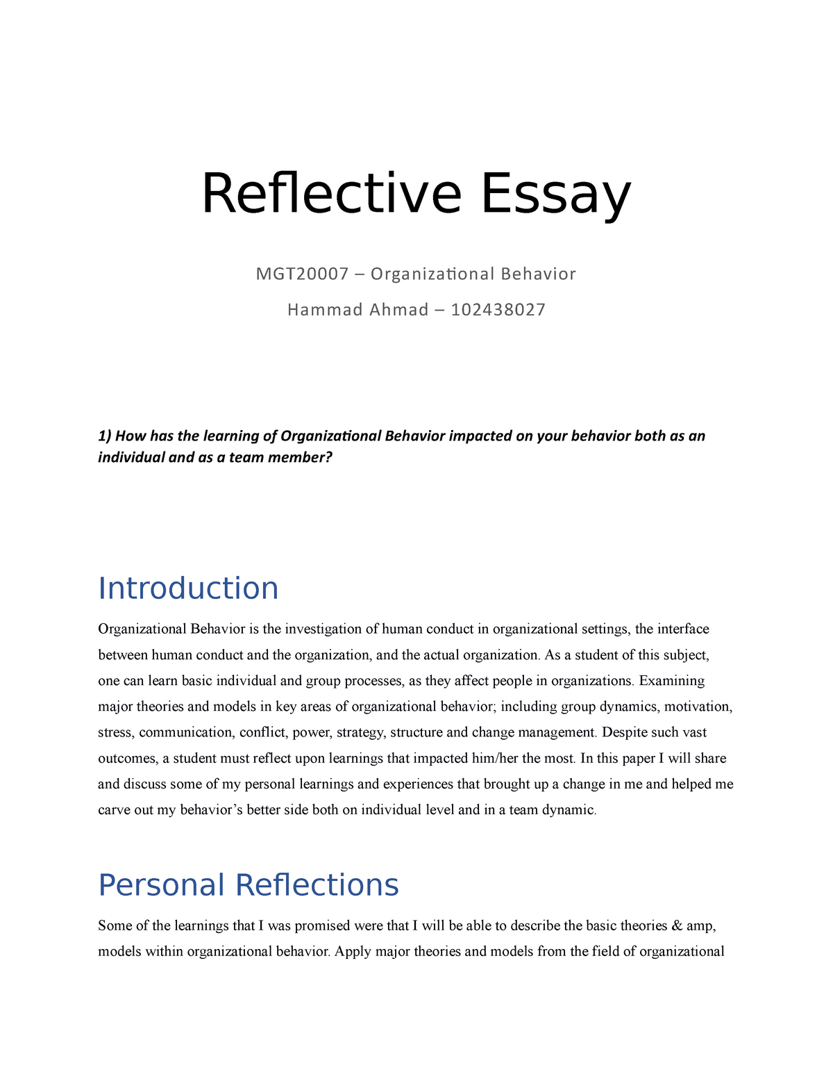 organisational behaviour reflection assignment