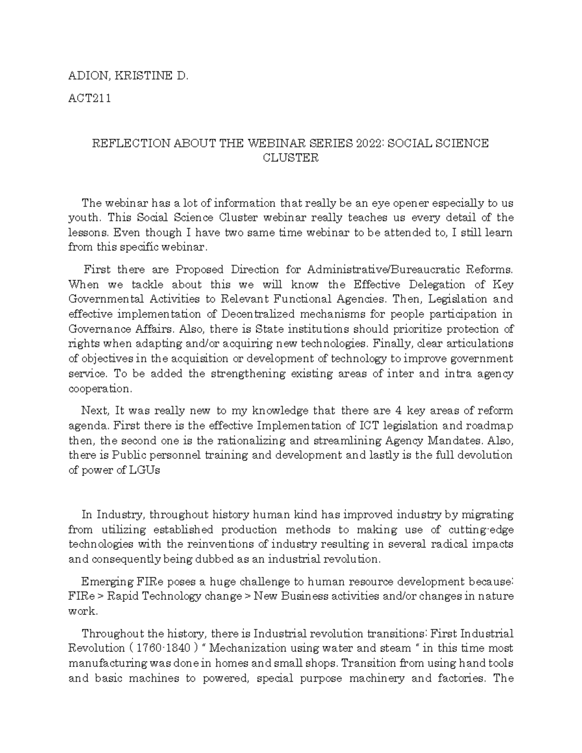 ( Reflection About Social Science Cluster WEBI - ADION, KRISTINE D. ACT ...