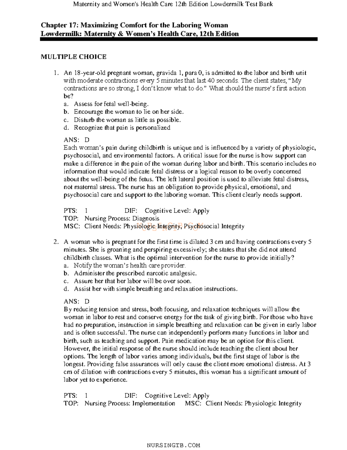 Chap. 17 Test Bank - Test Bank - NURSINGTB Chapter 17: Maximizing ...