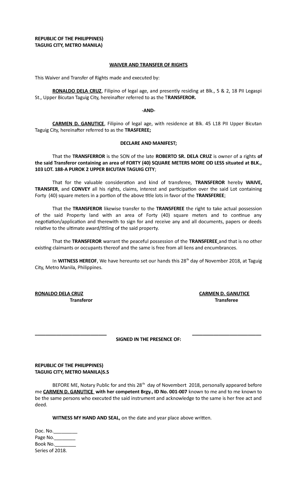 Waiver and transfer of rigths dela cruz - REPUBLIC OF THE PHILIPPINES ...