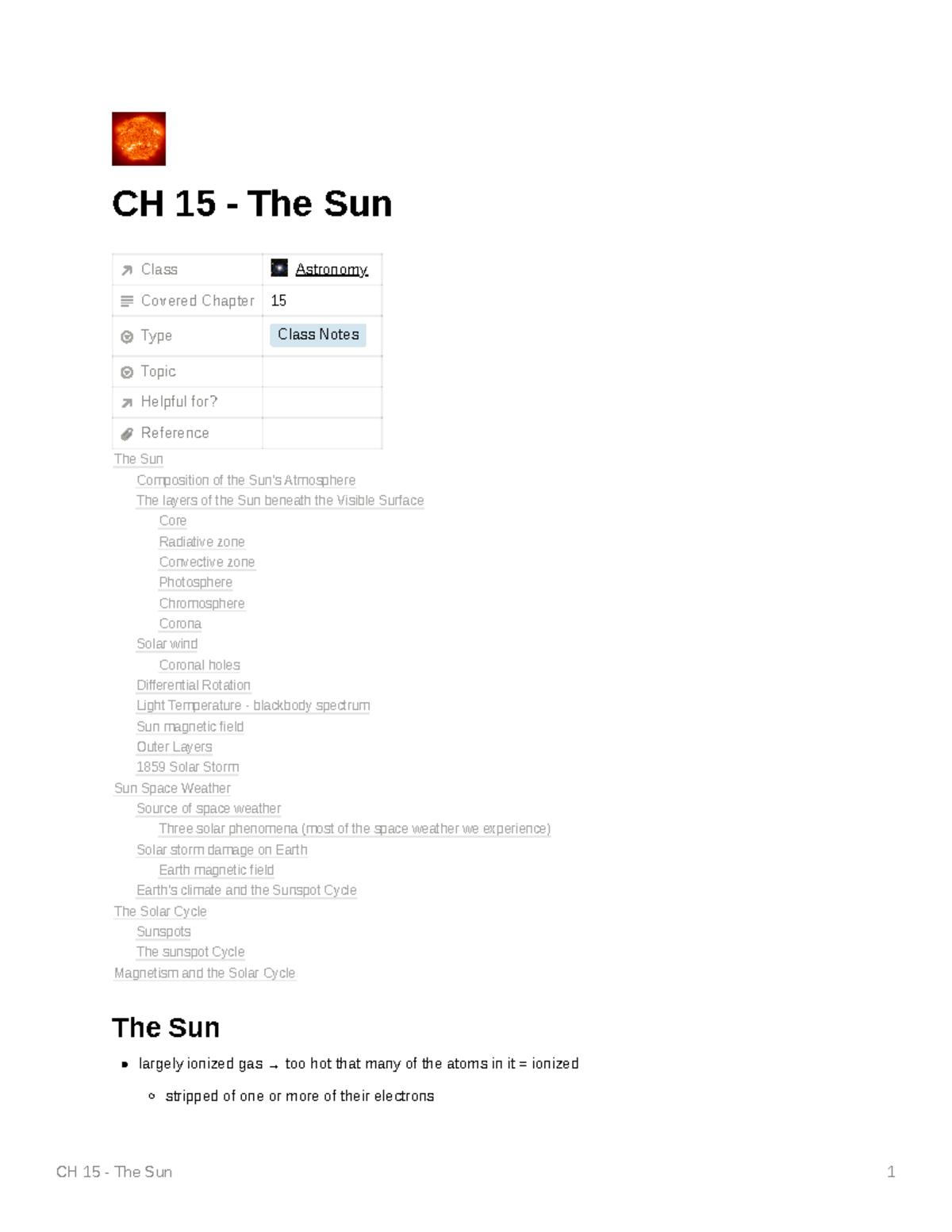 CH 15 - The Sun - Note that I took for studying - CH 15 - The Sun Class ...