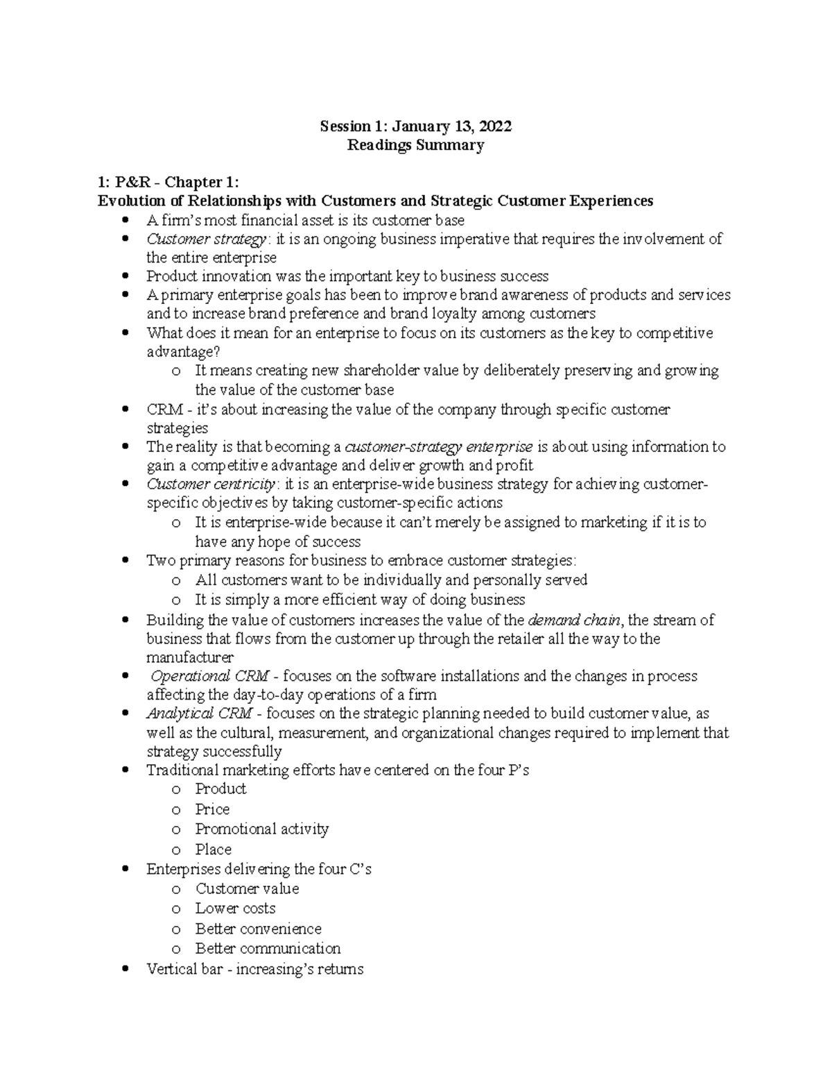 Session 1 - Textbook Readings Assigned Notes Peppers and Rogers ...