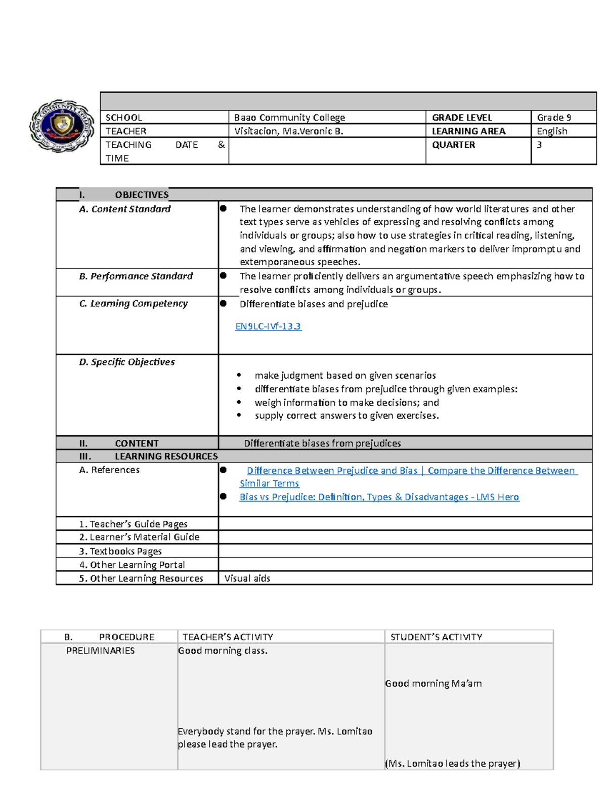 DLP- Format Visitacion-Ma. Veronic-B.-BSEd-4E-2-1 3rd Quuarter Lesson 1 ...