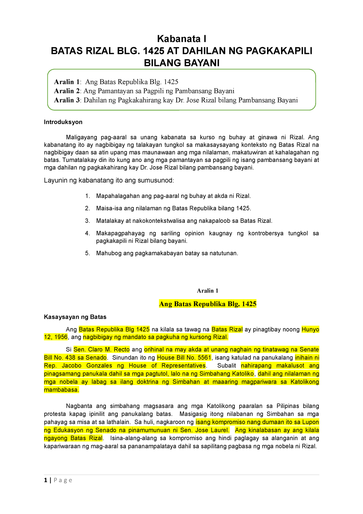 Kabanata I - Rizal - Nndasddewr - Kabanata I BATAS RIZAL BLG. 1425 AT ...