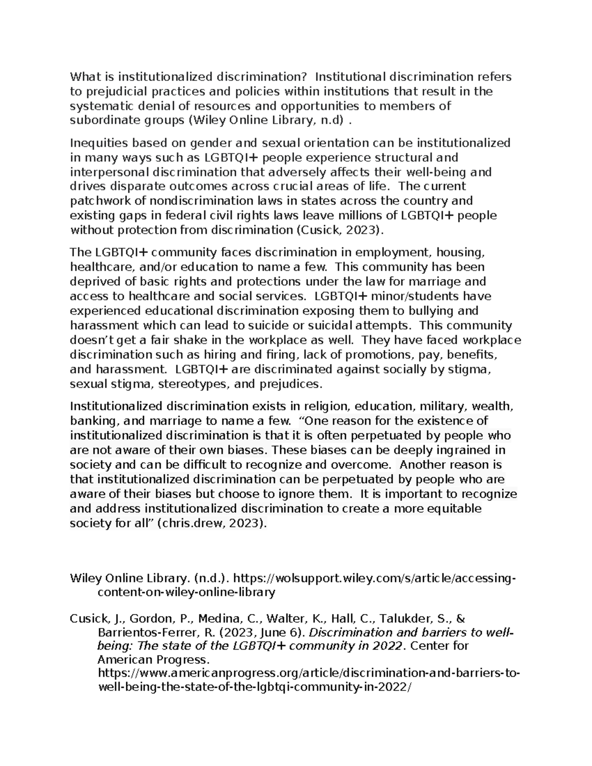 SOC213 Discussion 4 - What is institutionalized discrimination ...