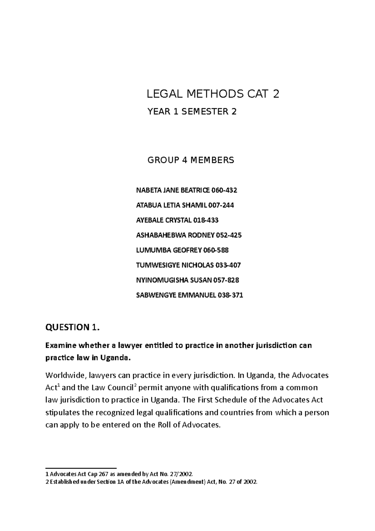 Legal Methods CAT2 Group 4 - Copy - LEGAL METHODS CAT 2 YEAR 1 SEMESTER ...