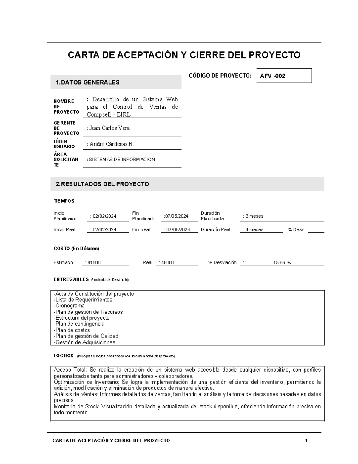 ACTA DE CIERRE - PROYECTO - CARTA DE ACEPTACIÓN Y CIERRE DEL PROYECTO 1 ...
