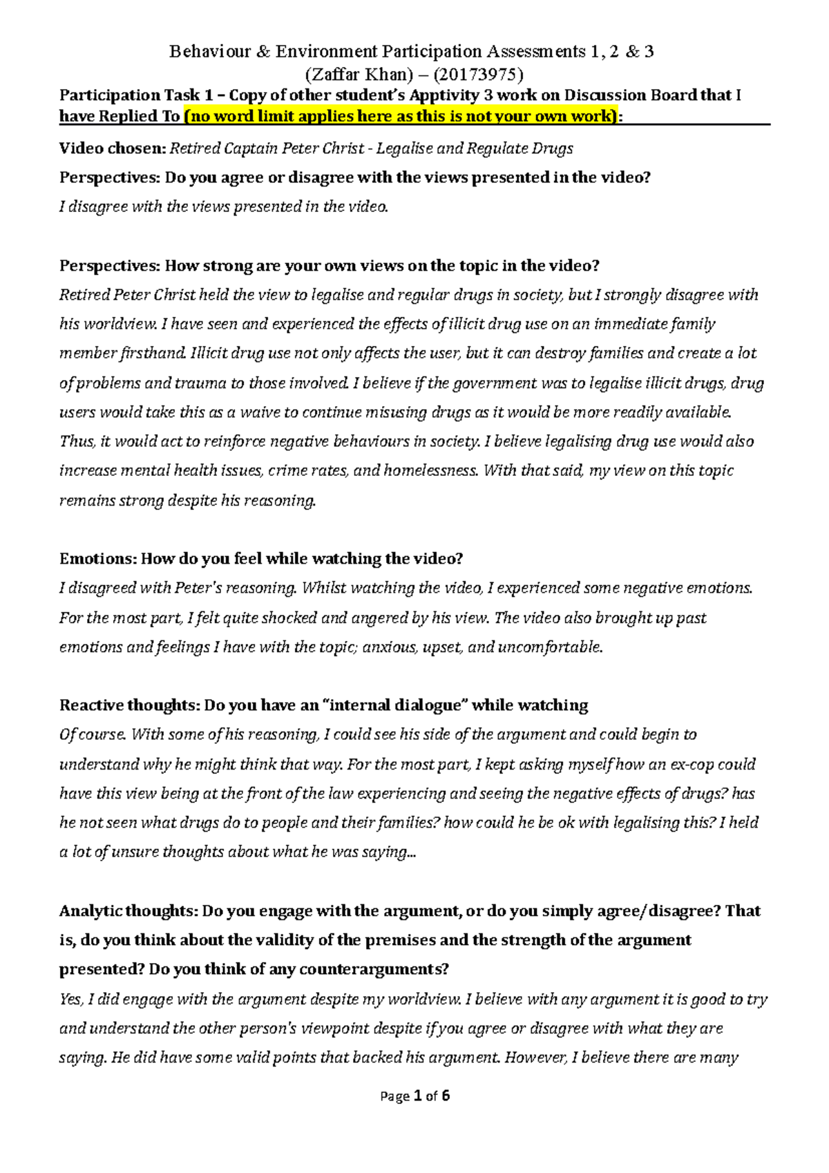 Participation Task Template - (Zaffar Khan) – (20173975) Participation ...