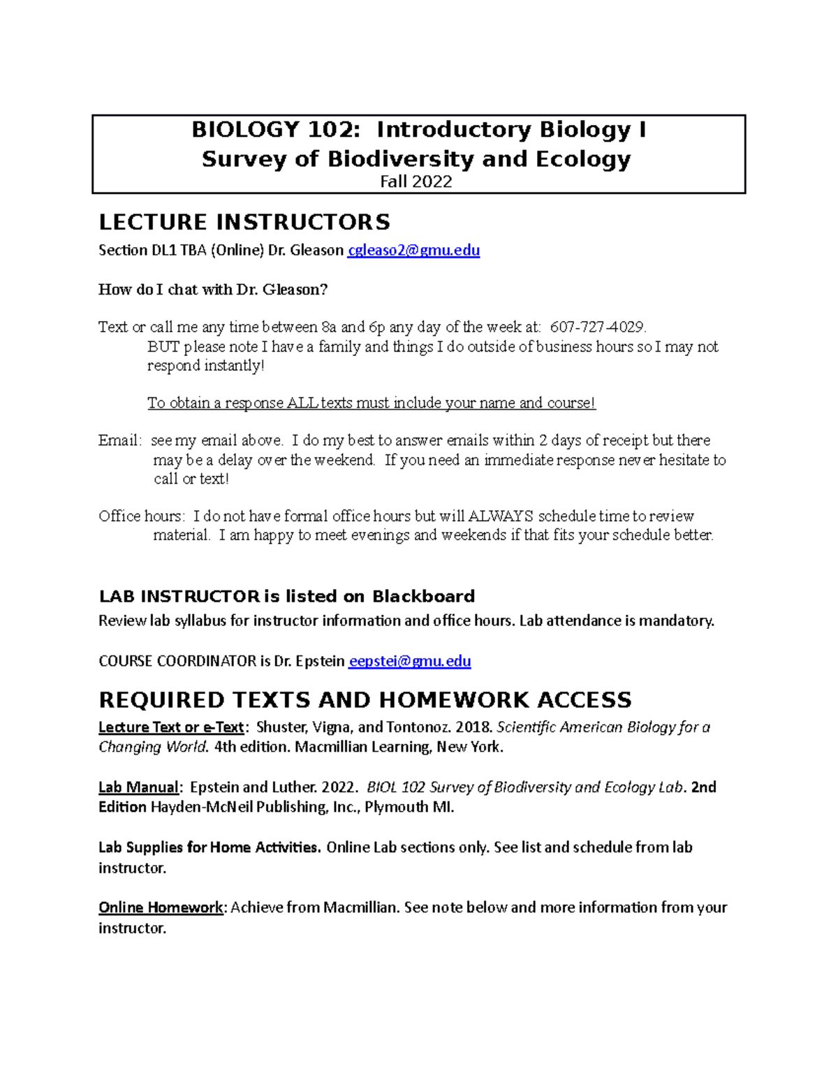 BIOL102 DL1 Fall2022 - Syllabus - BIOLOGY 102: Introductory Biology I ...