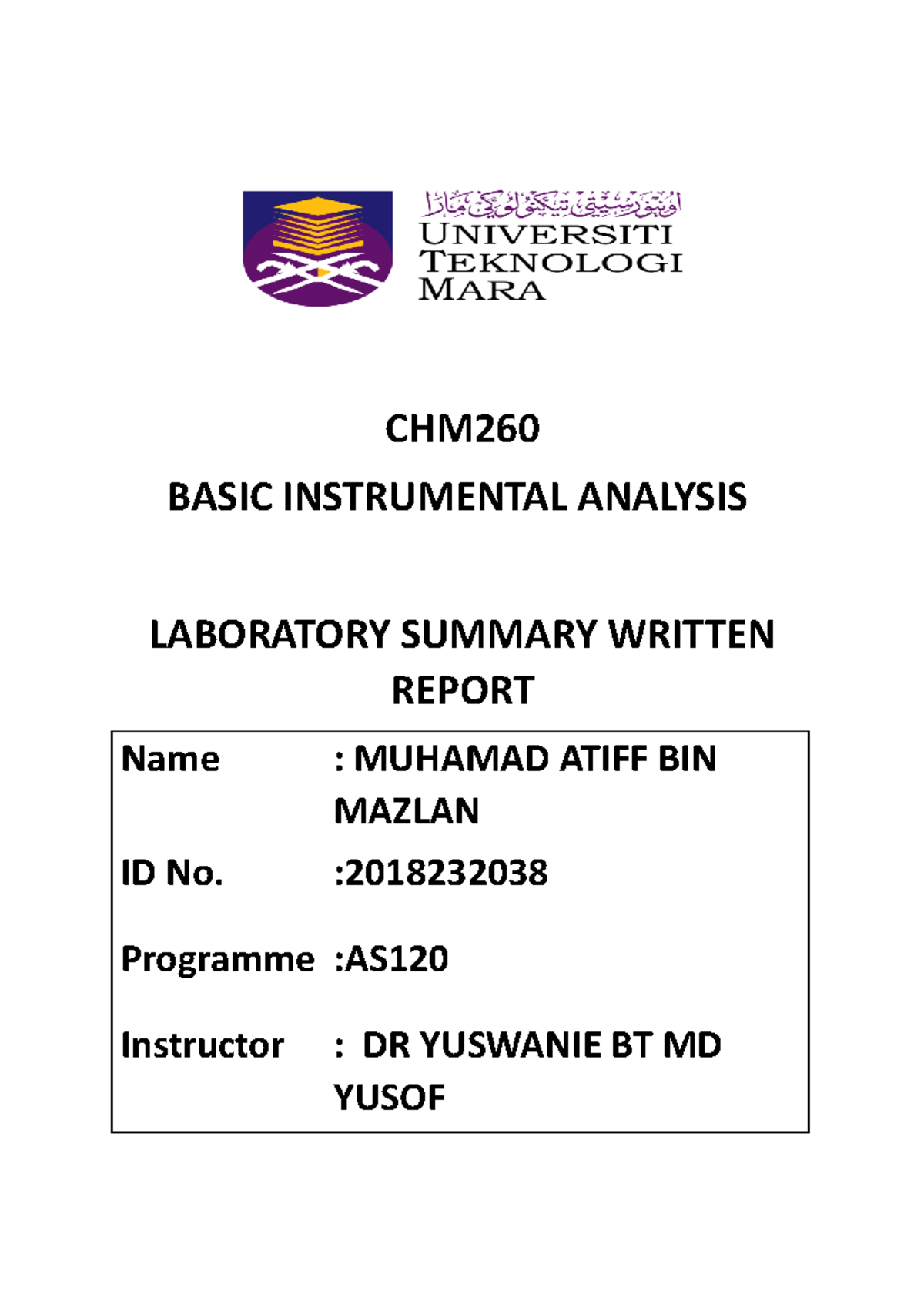 CHM260 Lab 3 - Lab Report - CHM260 BASIC INSTRUMENTAL ANALYSIS ...