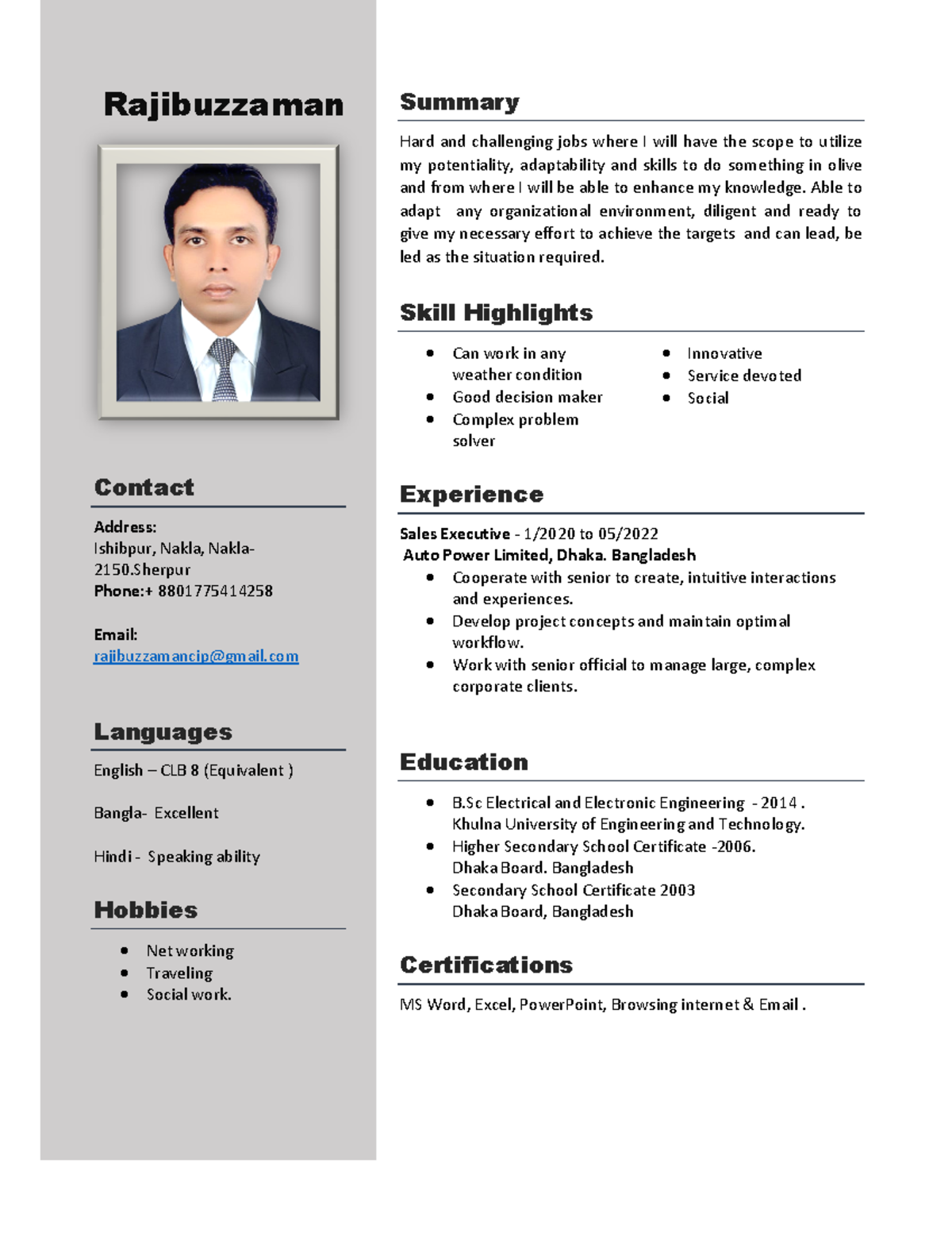 Rajibuzzaman CV PDF file - Rajibuzzaman Contact Address: Ishibpur ...