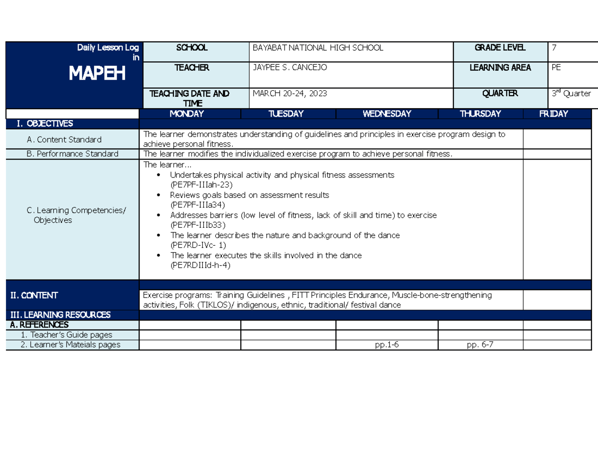 Daily Lesson Log - planer - Daily Lesson Log in MAPEH SCHOOL BAYABAT ...