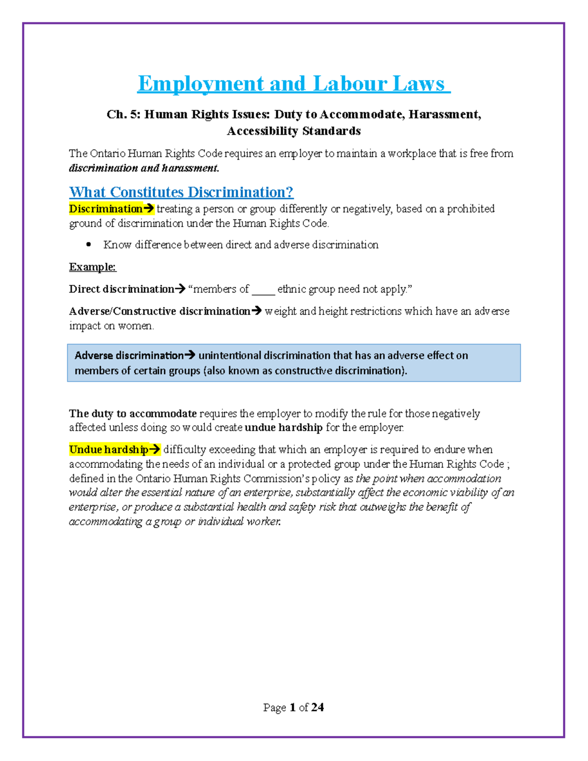 Employment and Labour Laws Ch 5 Note - Employment and Labour Laws Ch. 5 ...