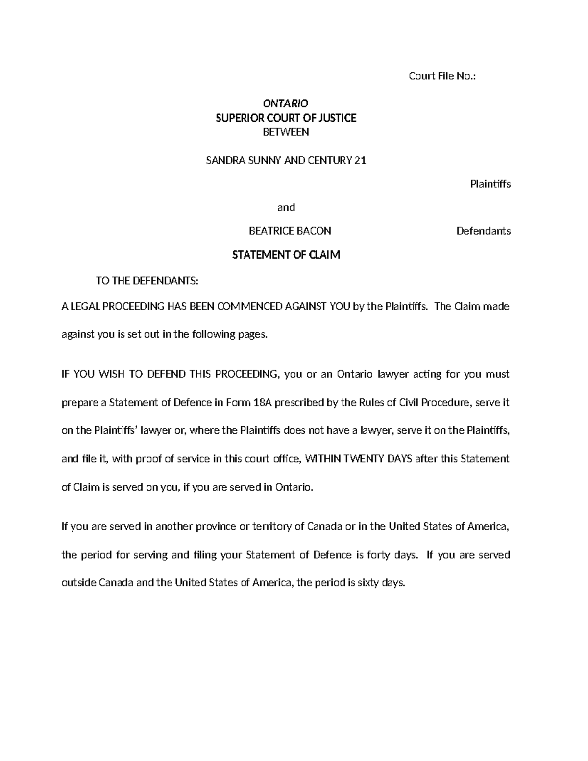 Sample Statement of Claim re Pleadings Assignment - Court File No ...