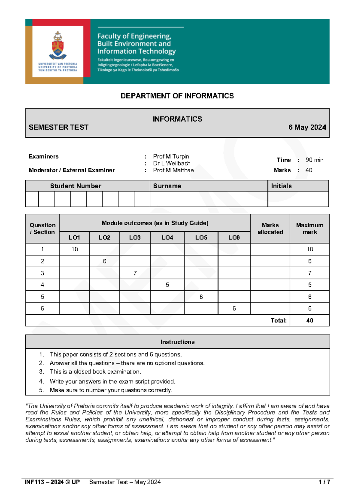 INF113 Semester Test Memo - 6 May 2024 - DEPARTMENT OF INFORMATICS ...