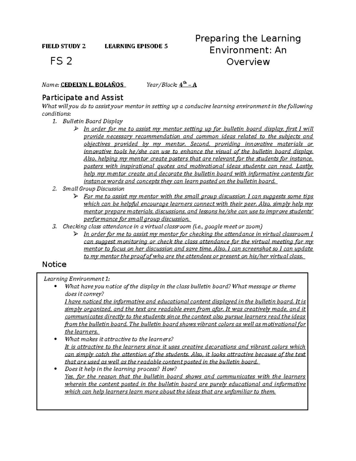 FS 2 EP 5 FIELD STUDY 2 FIELD STUDY 2 LEARNING EPISODE 5 Name