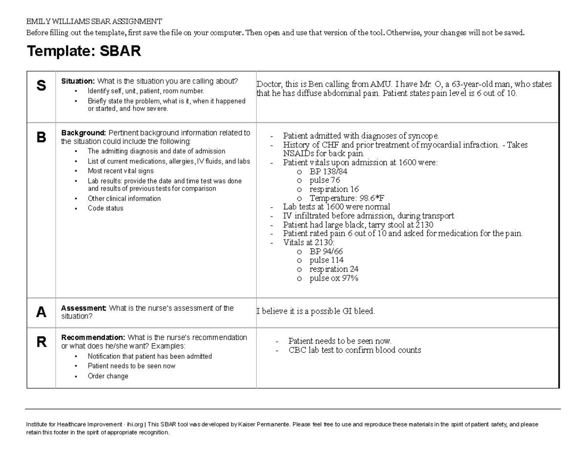 SBAR Assignment - EMILY WILLIAMS SBAR ASSIGNMENT Before filling out the ...