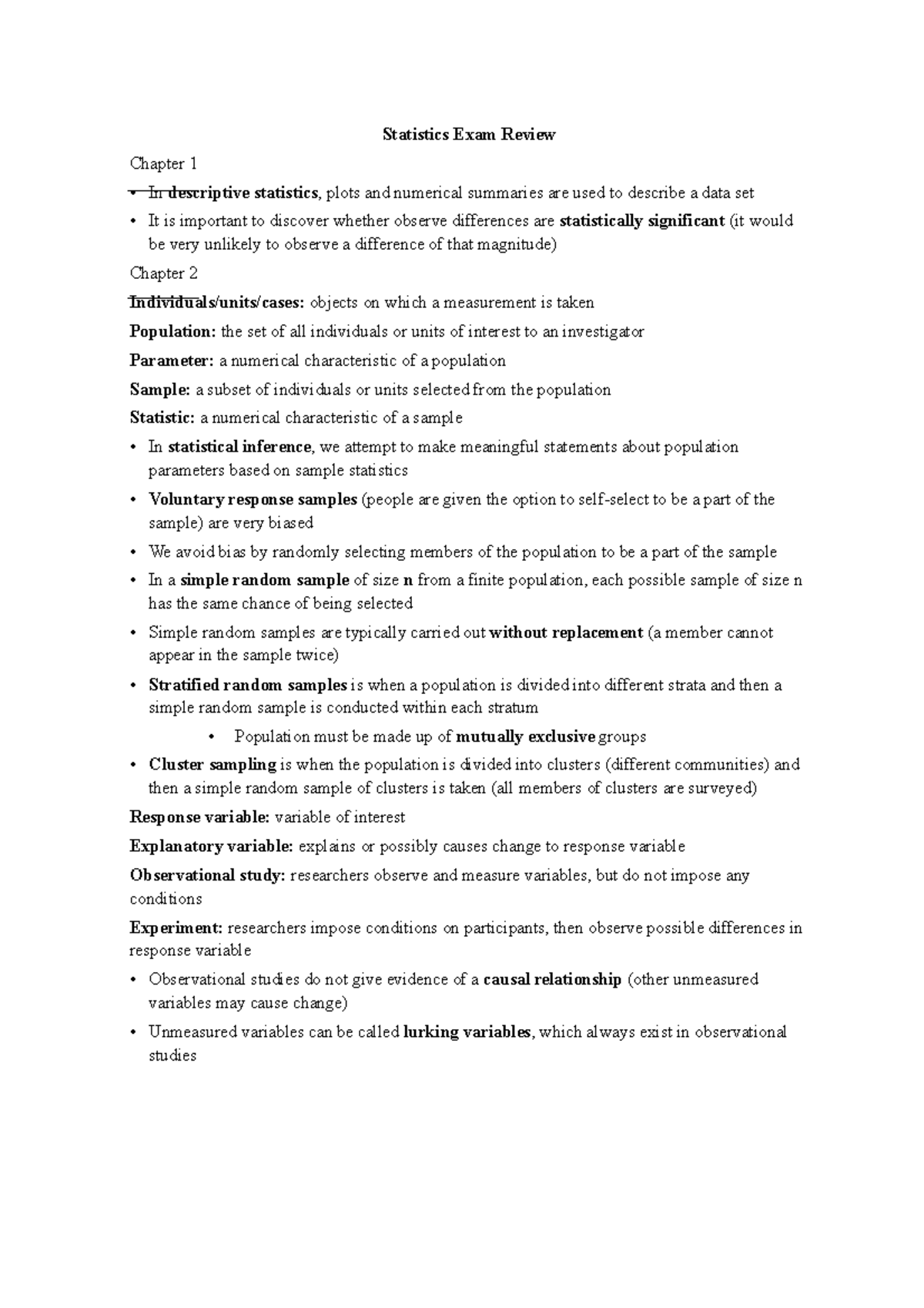 Stats notes all chapters - Statistics Exam Review Chapter 1 In ...