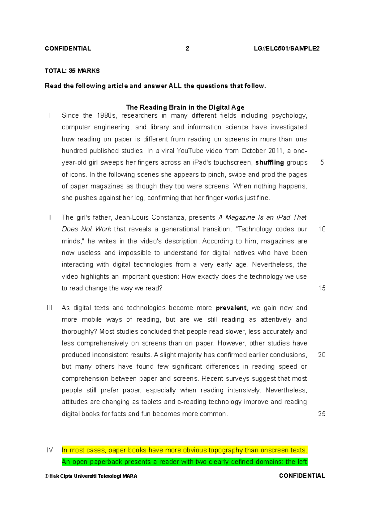 ELC501 TEST QP Sample 2 - TOTAL: 35 MARKS Read The Following Article ...