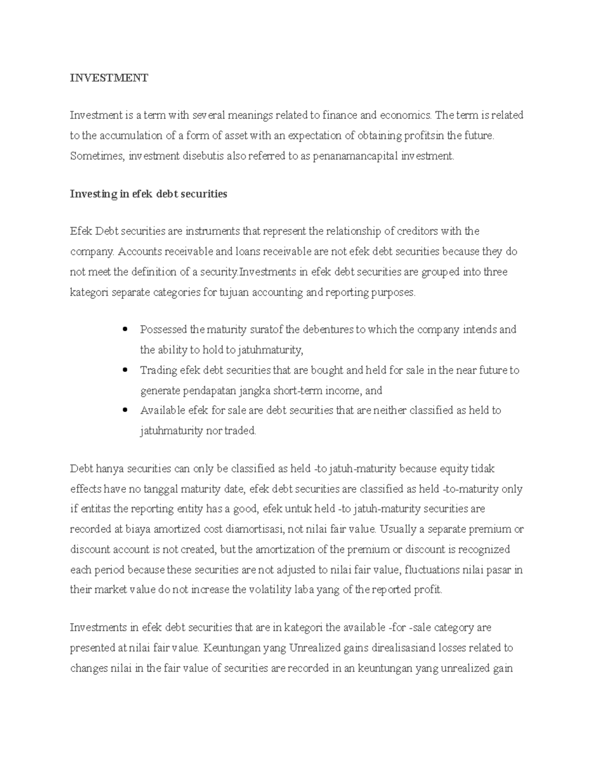 Resume OF Investment REVIEW MATERIAL STUDY OF ACCOUNTING INVESTMENT