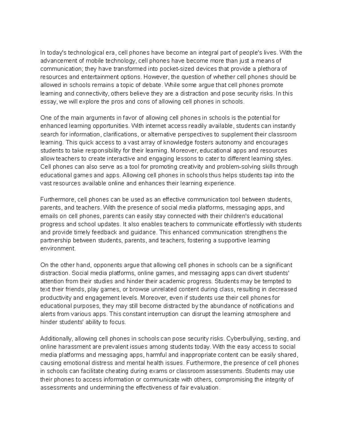 The pros and cons of allowing cell phones in schools In today's