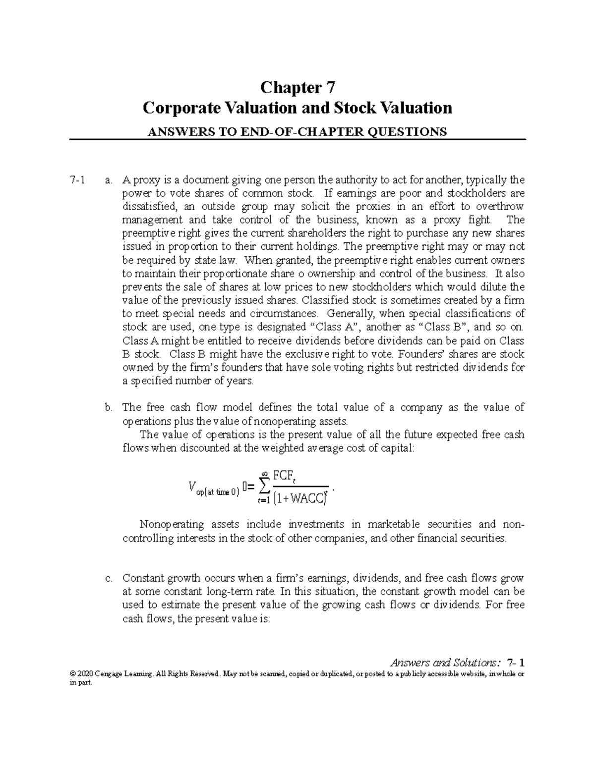 Ch07 Solutions Manual 2018-11-26 - Chapter 7 Corporate Valuation and ...