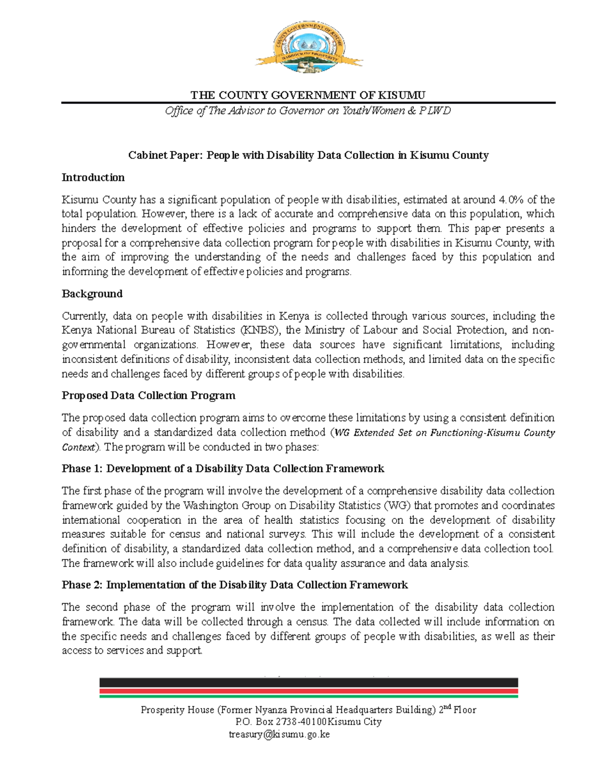 Cabinet Paper - People with Disability Data Collection in Kisumu County ...
