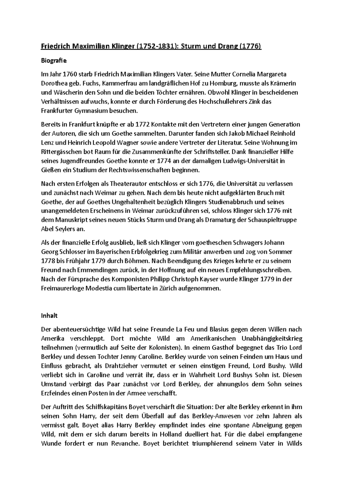 Friedrich Maximilian Klinger Sturm und Drang Friedrich Maximilian