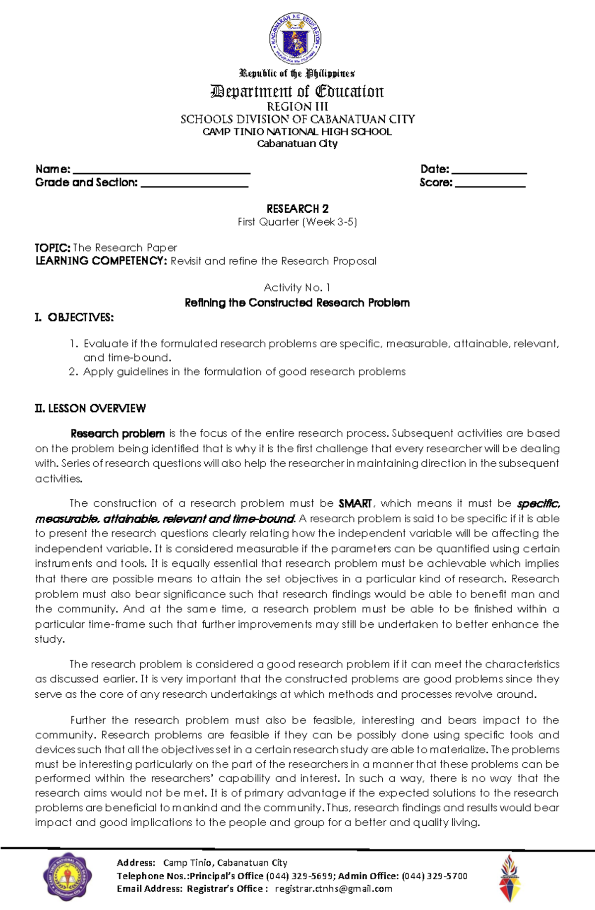 Research 2 Activity Sheet Q1 Week 3-4 - Republic of the Philippines ...