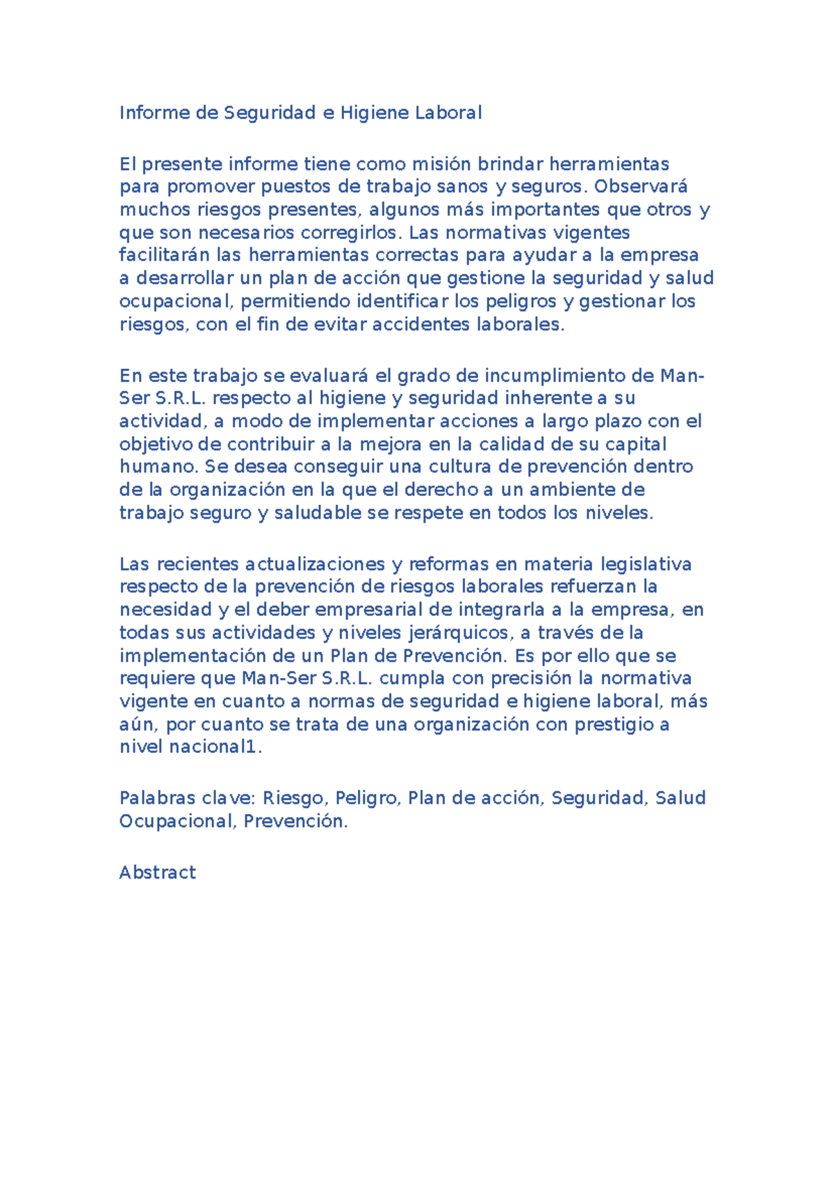 Informe de Seguridad e Higiene Laboral - Observará muchos riesgos ...