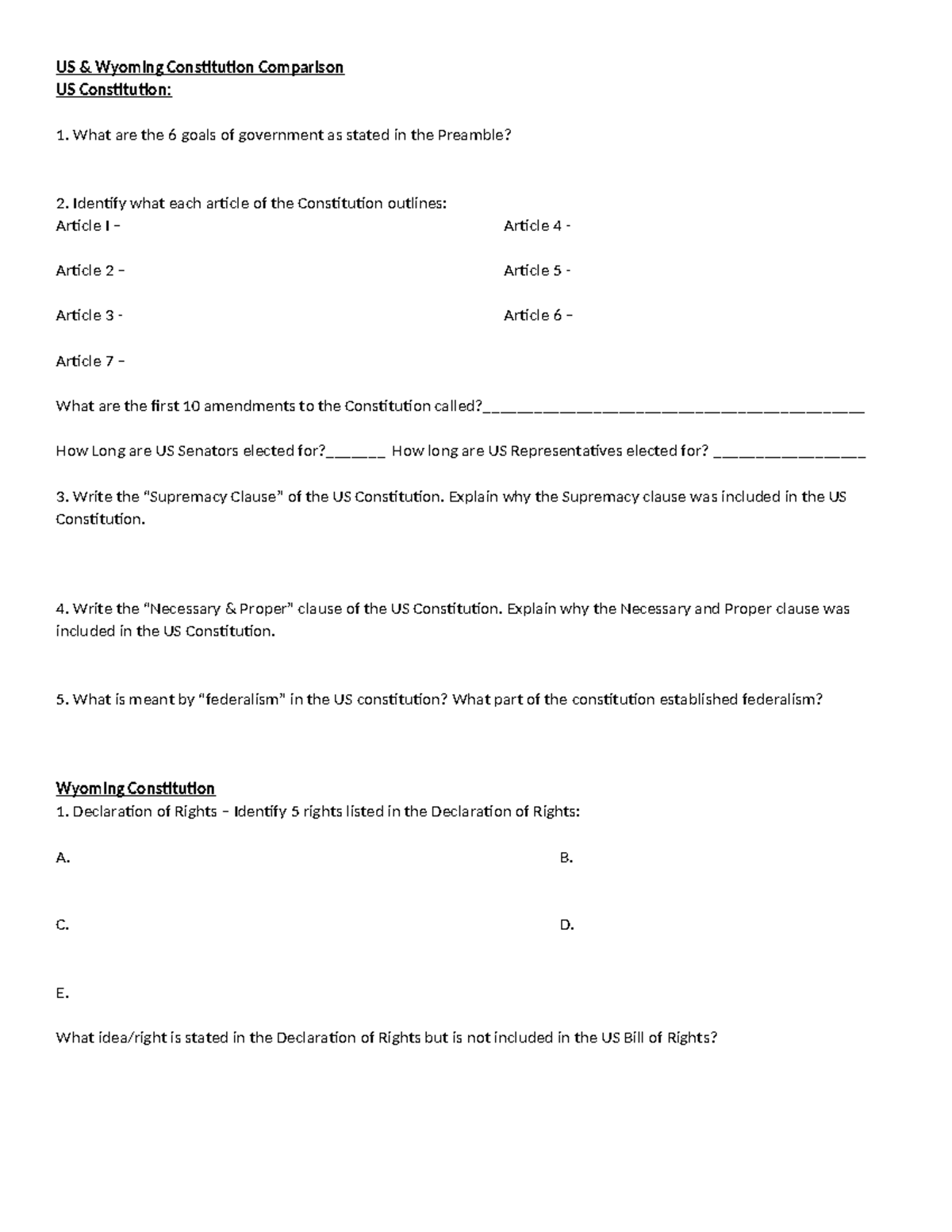 US & Wyoming Constitution Assignment - US & Wyoming Constitution ...