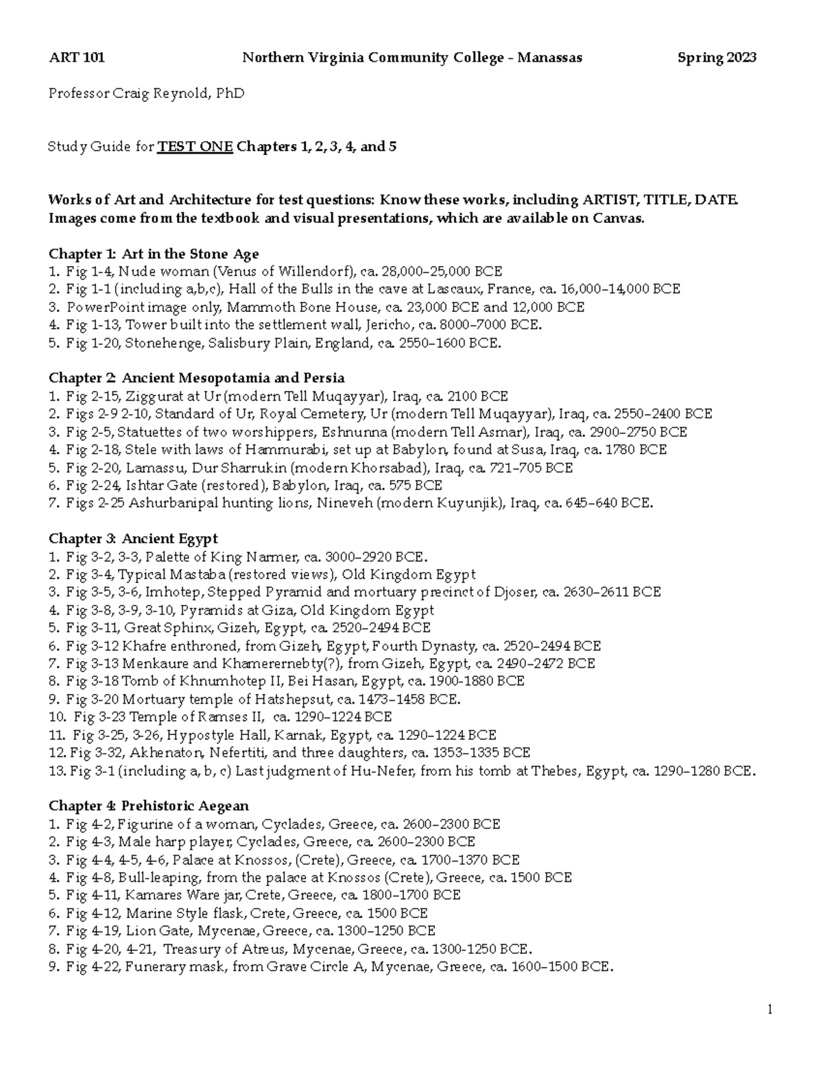 Art 101 Study Guide Test One Reynolds SP 2023.docx ART 101 Northern