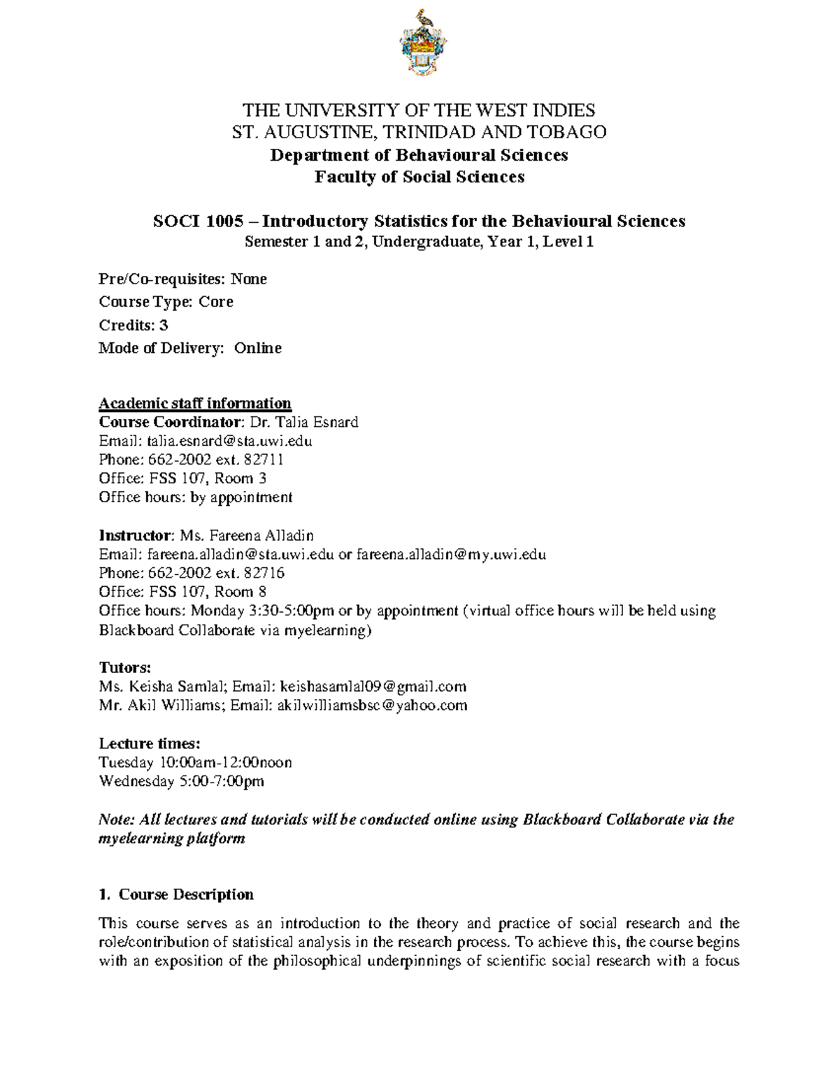 SOCI 1005 Course outline Sem 2 2020-2021 - THE UNIVERSITY OF THE WEST ...
