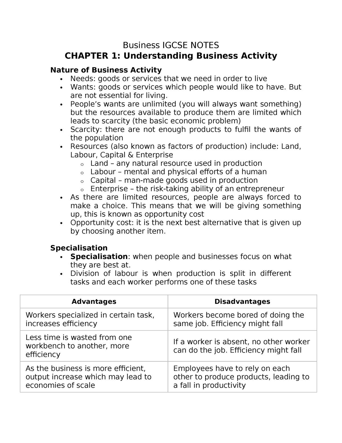 Chapter 1 - .... - Business IGCSE NOTES CHAPTER 1: Understanding ...