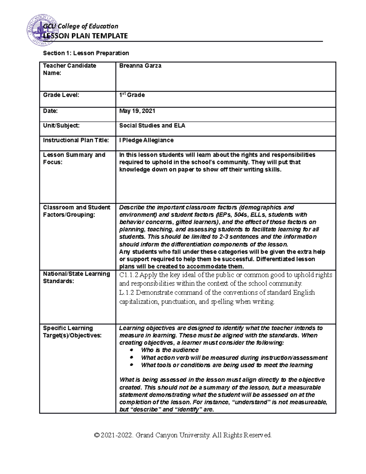 Breanna Garza - ECE 465coe-lesson-plan-template - ECE-465 - GCU - Studocu