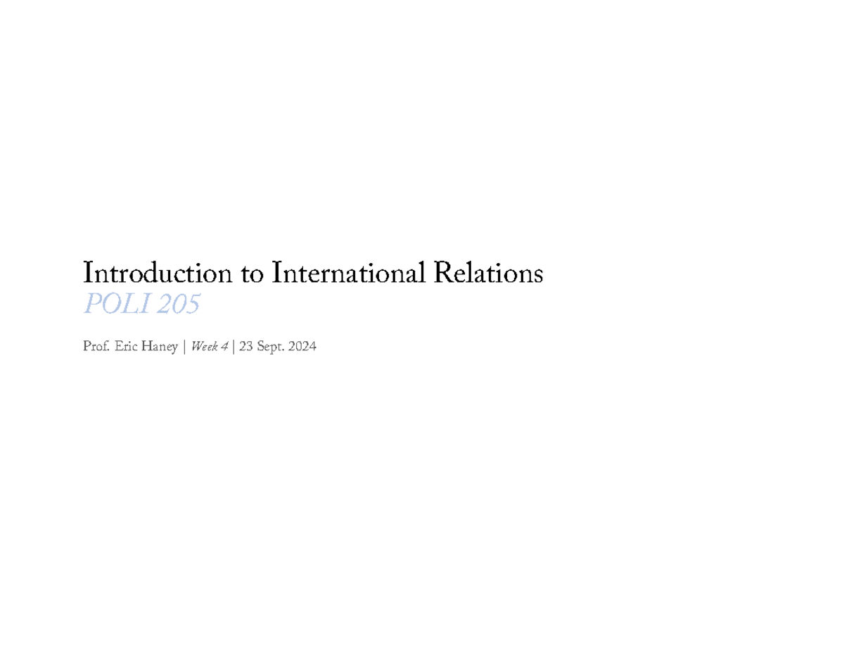 Week 4 slides - Introduction to International Relations POLI 205 Prof ...