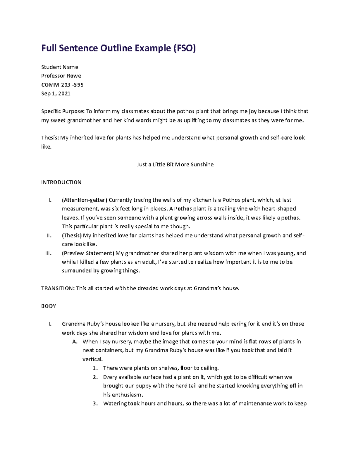 Example Outline Speech 1 COMM 203 Full Sentence Outline Example FSO