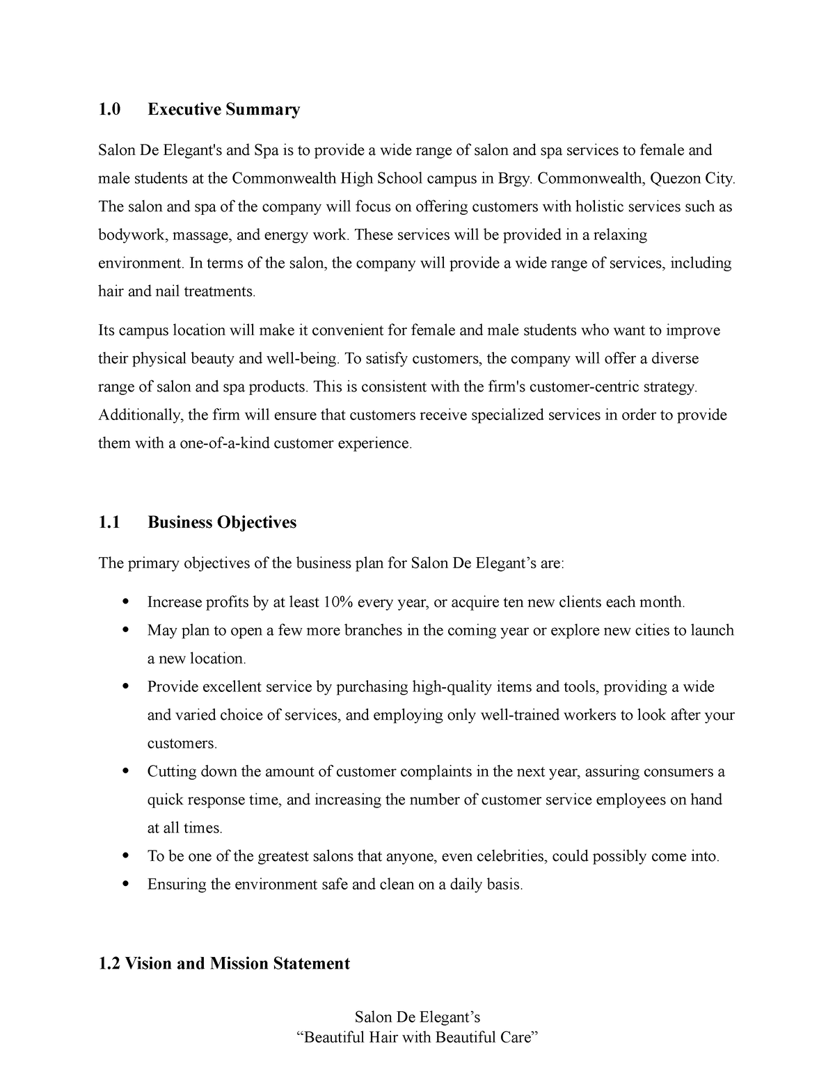 salon business plan executive summary