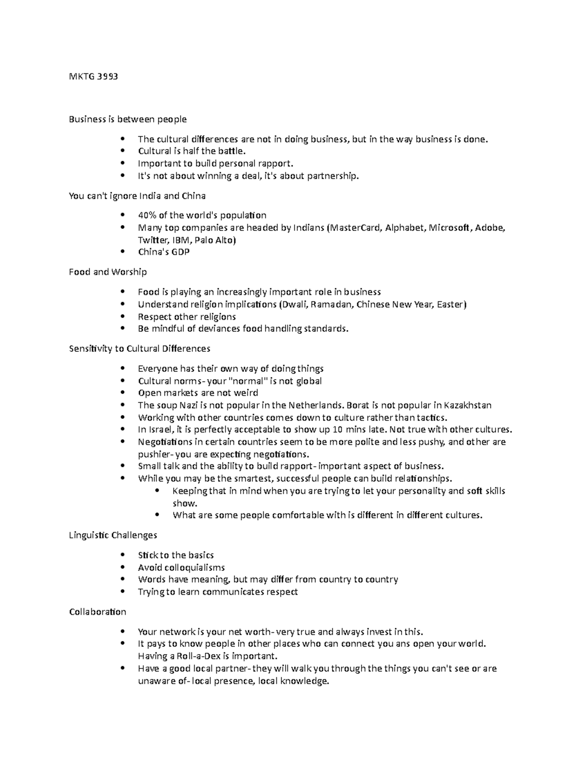Cultural Differences - Notes about how cultures do business differently