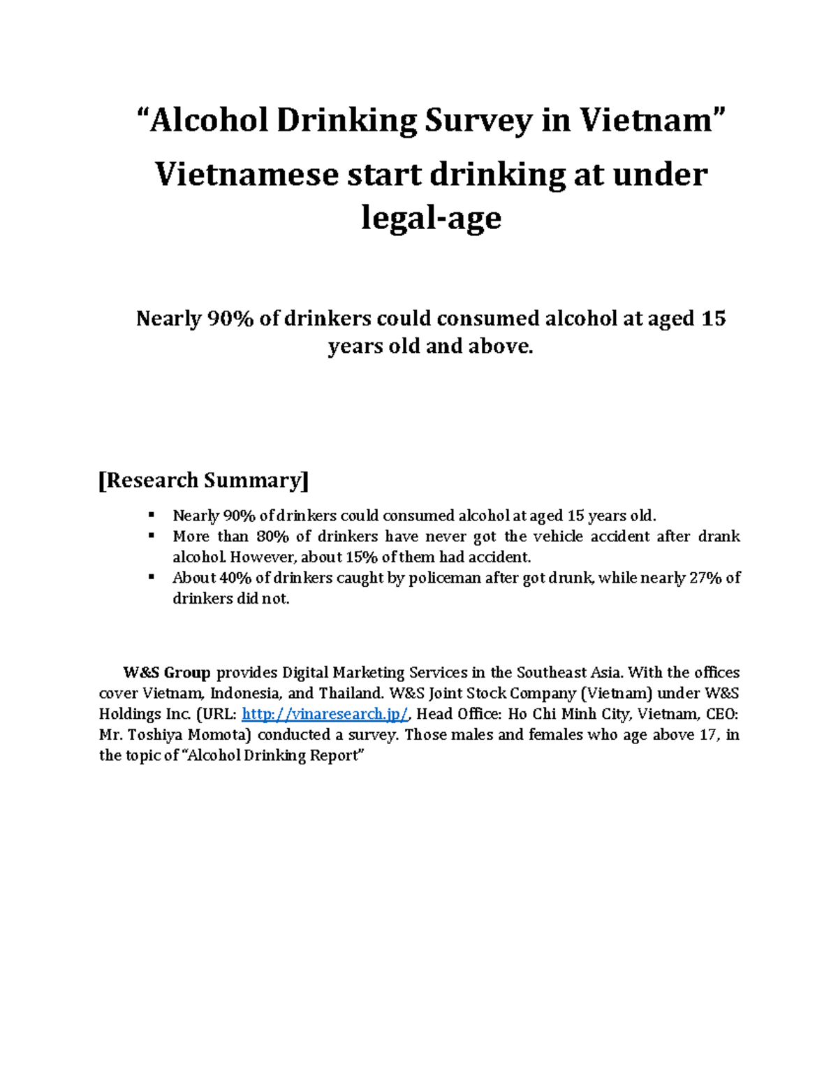 Alcohol Drinkind survey in Vietnam “Alcohol Drinking Survey in